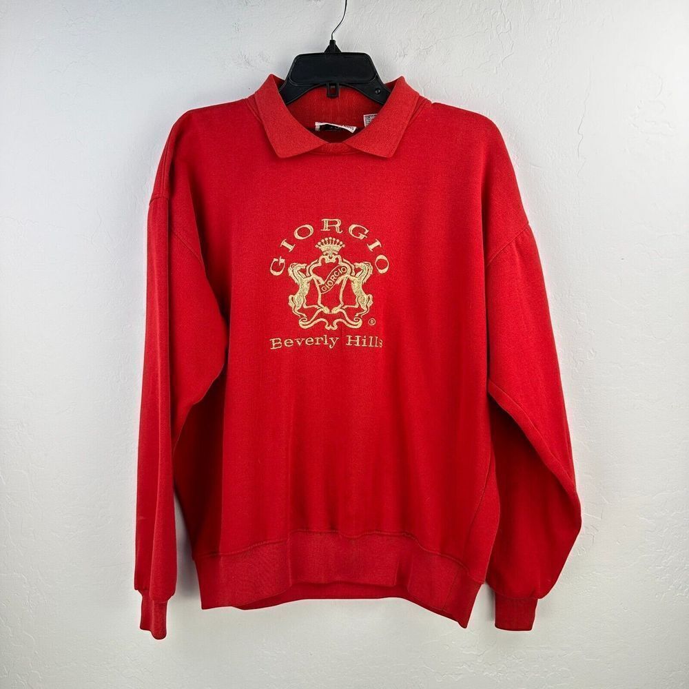 VTG‎ Giorgio Beverly Hills Sweatshirt Womens L Red Gold Embroidered Collared